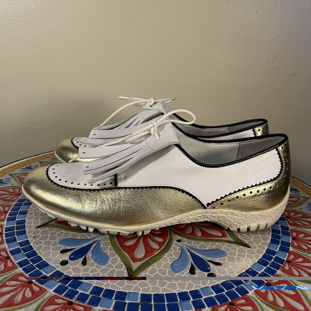 Walter Genuin Golf Shoes Women’s Sz 35 EU / 4.5 US Leather Gold White Italy
